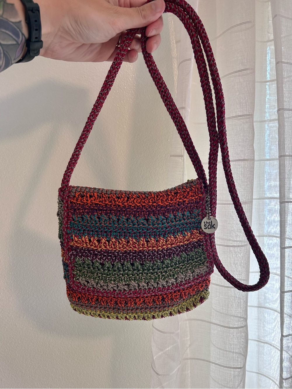 The Sak Crochet Woven Boho Rainbow Striped Small Crossbody Bag Zip Closure